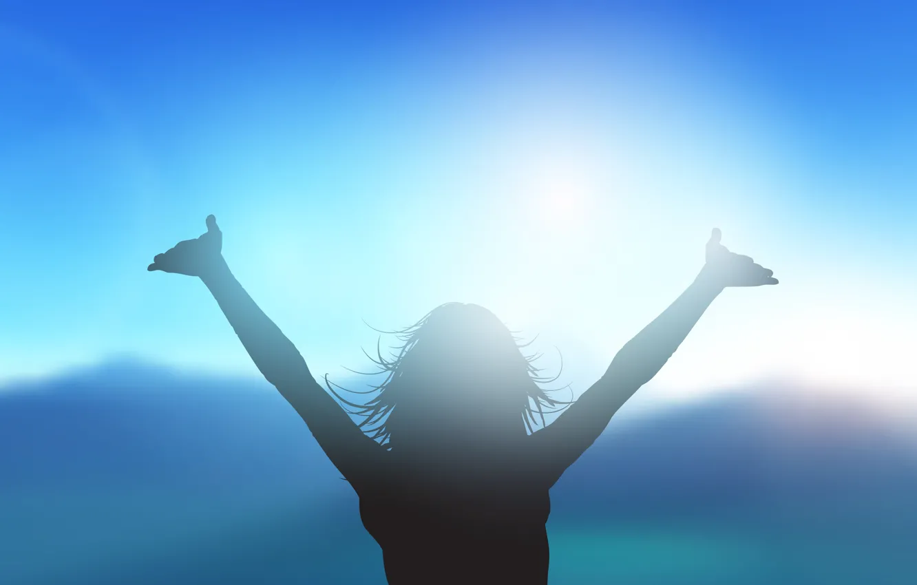 Photo wallpaper the sky, girl, the sun, joy, sunset, silhouette, blurred background, happy
