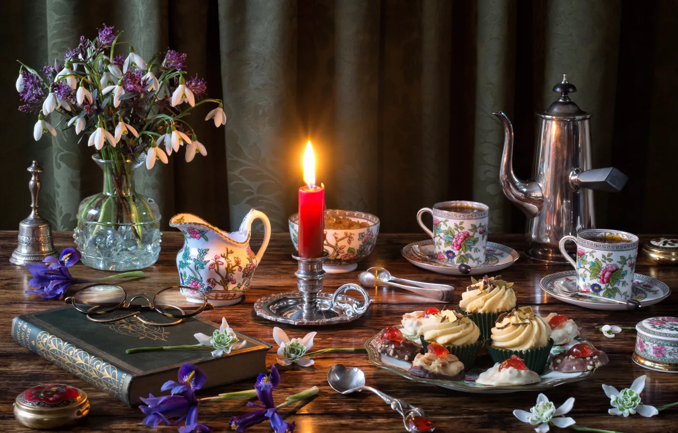 Photo wallpaper flowers, style, coffee, bouquet, candles, glasses, snowdrops, book