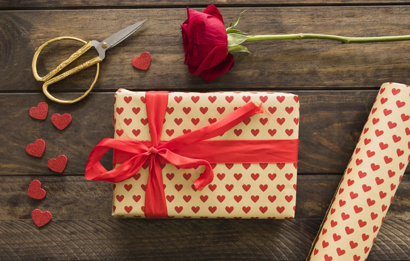 Photo wallpaper flowers, holiday, gift, roses, hearts, scissors