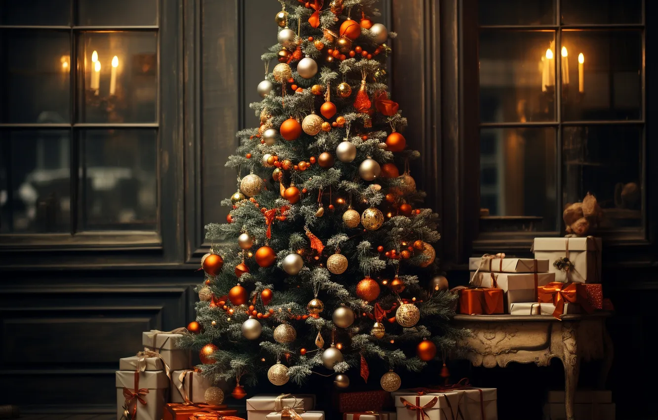 Photo wallpaper decoration, room, gift, balls, tree, new year, interior, Christmas