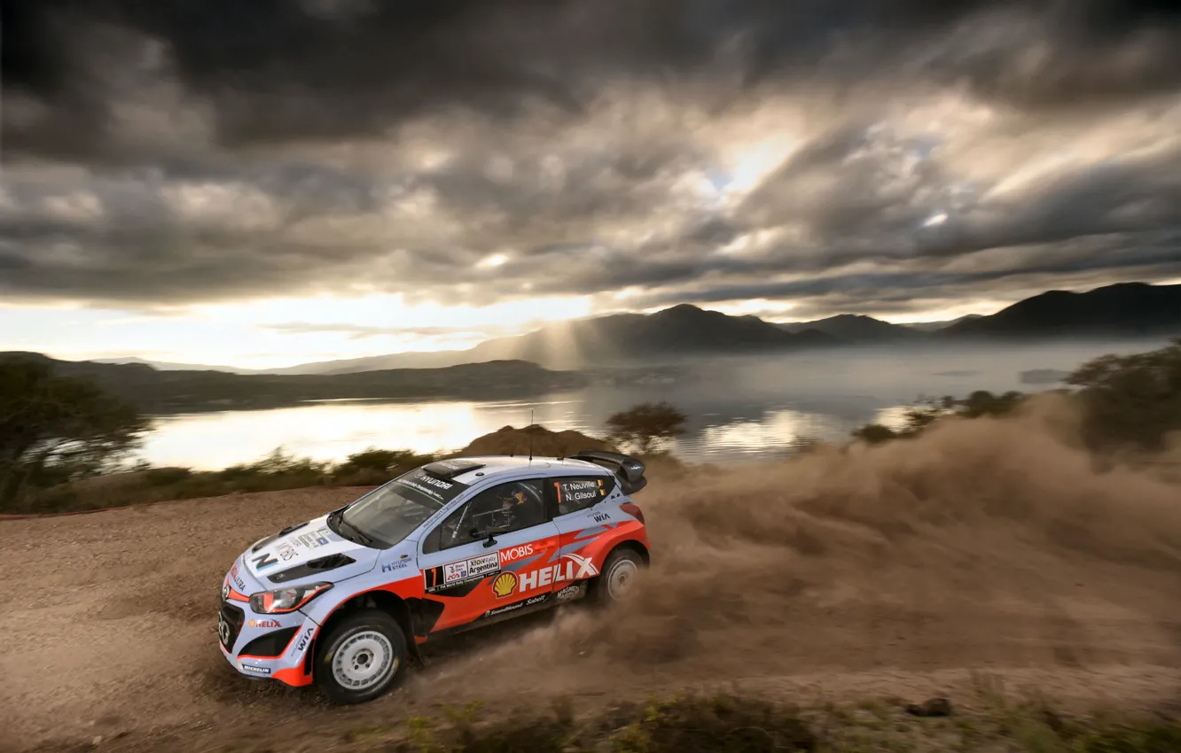 Photo wallpaper Mountains, Lake, Clouds, Hyundai, WRC, Rally, Rally, i20