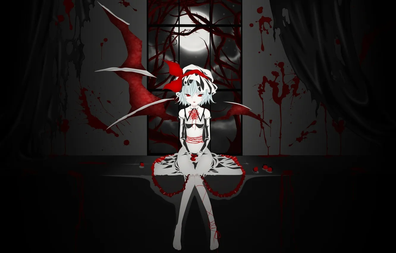 Photo wallpaper look, girl, the moon, the darkness, blood, wings, anime, strawberry