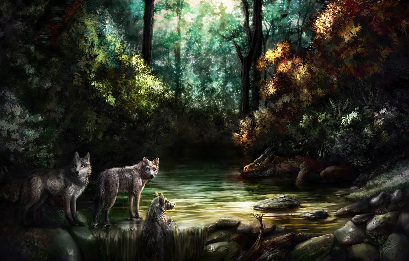 Photo wallpaper forest, river, dragon, waterfall, art, the corpse, jackals