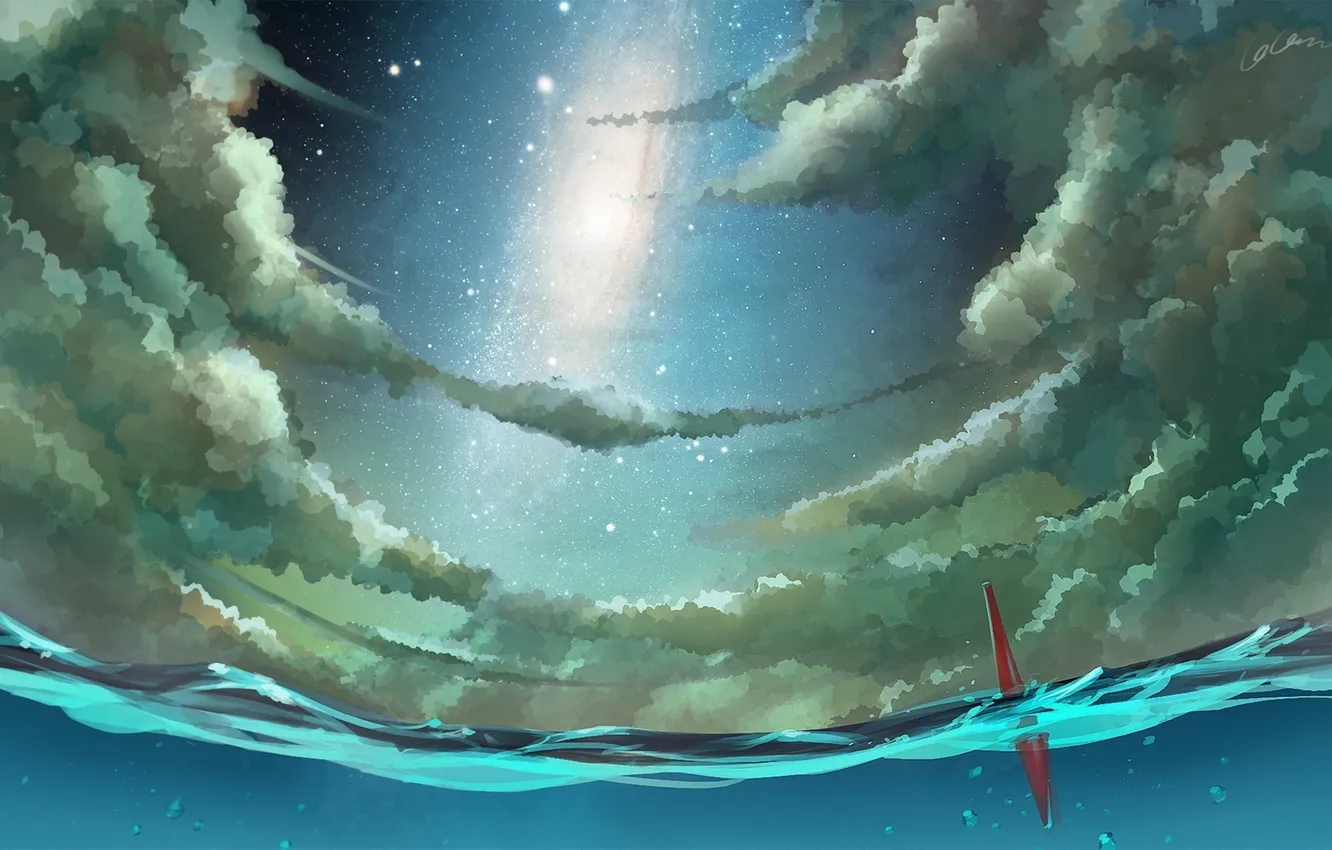 Photo wallpaper sea, the sky, stars, clouds, night, art, galaxy, float