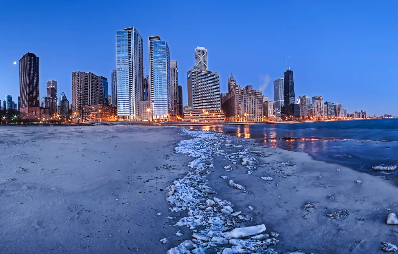 Photo wallpaper beach, the city, home, the evening, Chicago, USA, Illinois