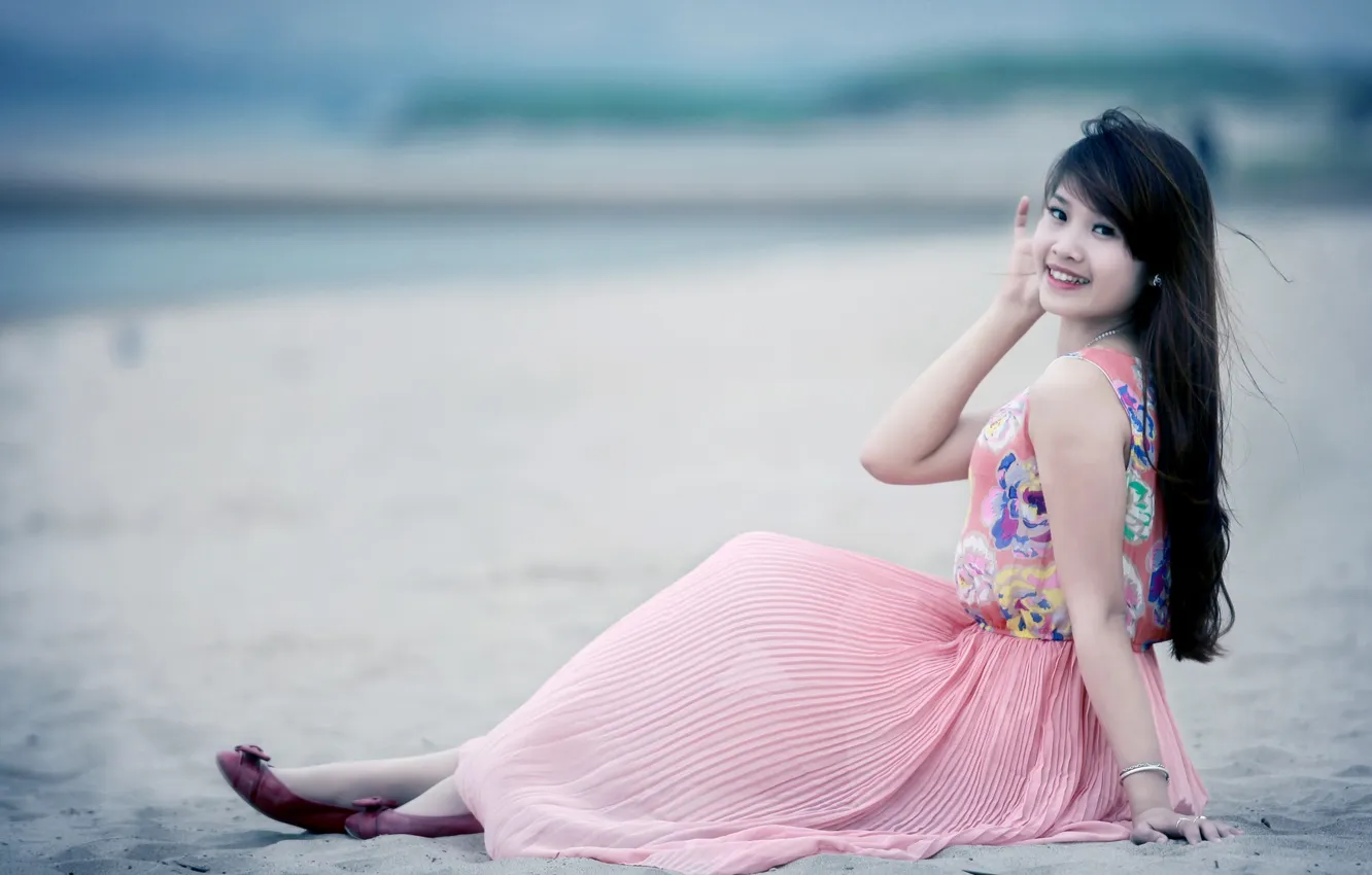 Photo wallpaper beach, look, girl, Asian