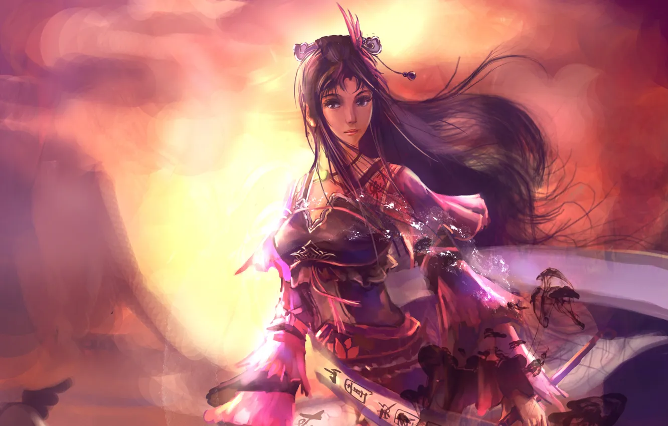 Photo wallpaper girl, sunset, sign, scroll