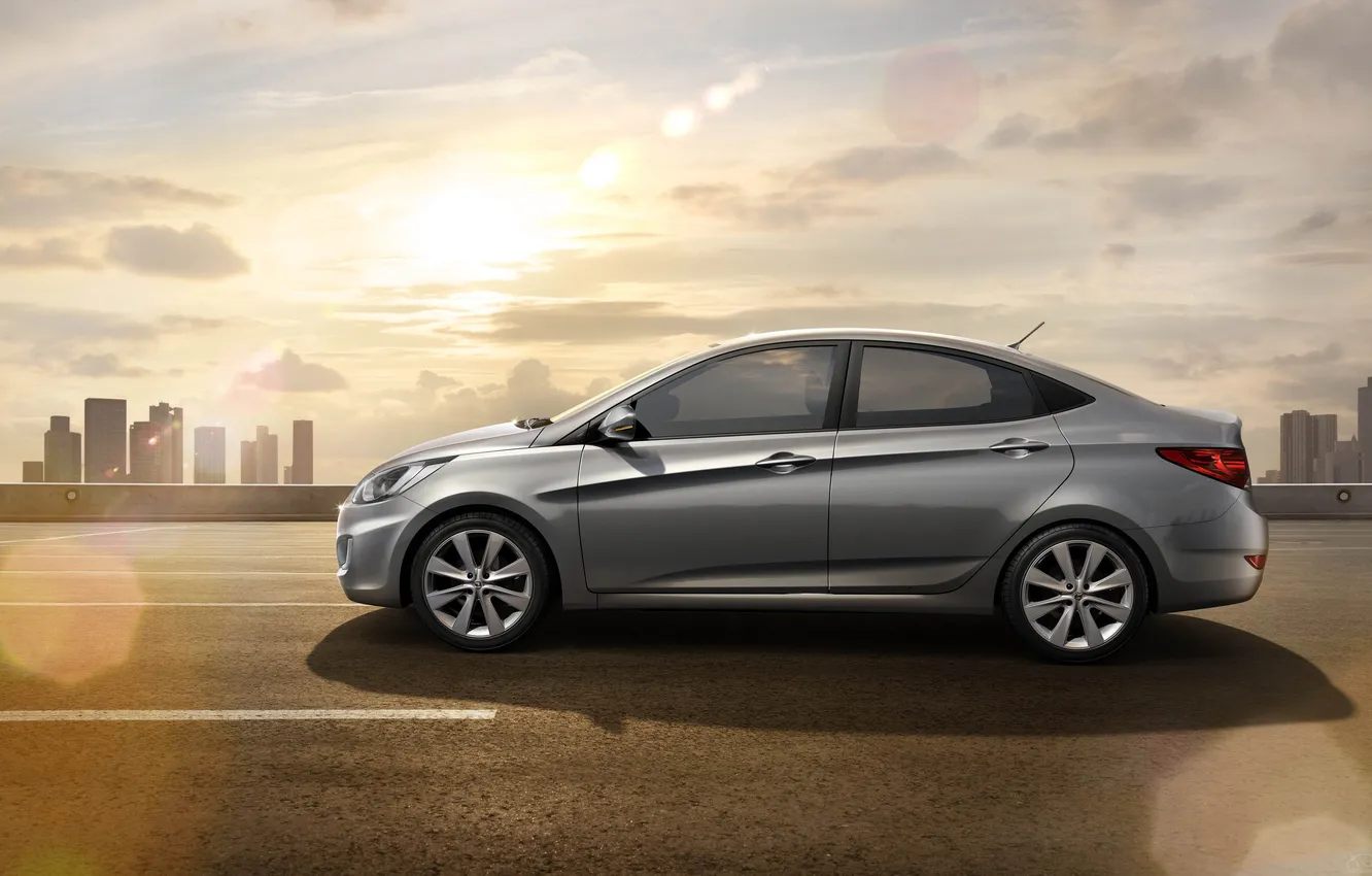 Photo wallpaper road, the sun, building, Hyundai, Solaris