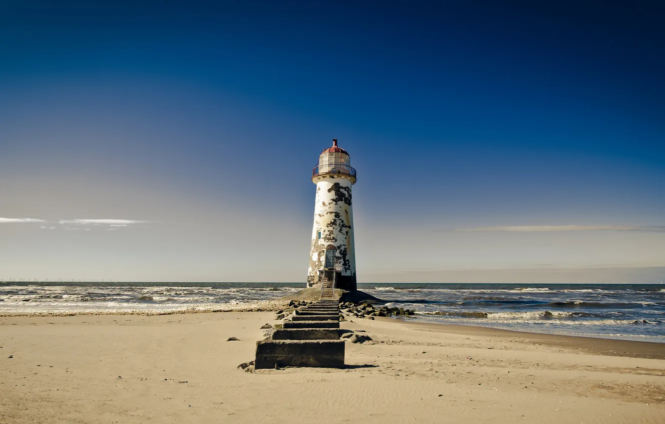 Photo wallpaper sea, wave, beach, the sky, clouds, lighthouse, horizon