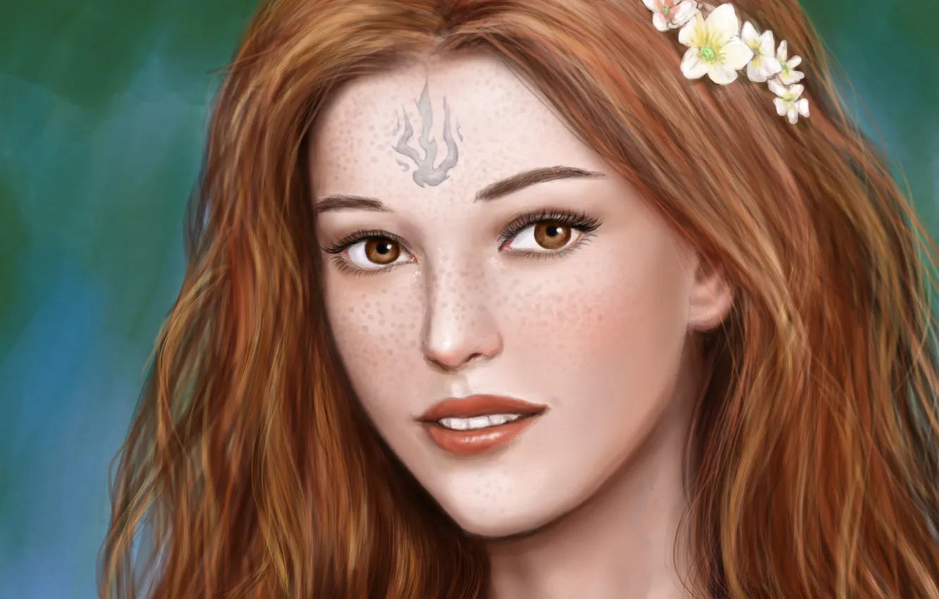 Photo wallpaper look, girl, flowers, face, smile, hair, art, painting