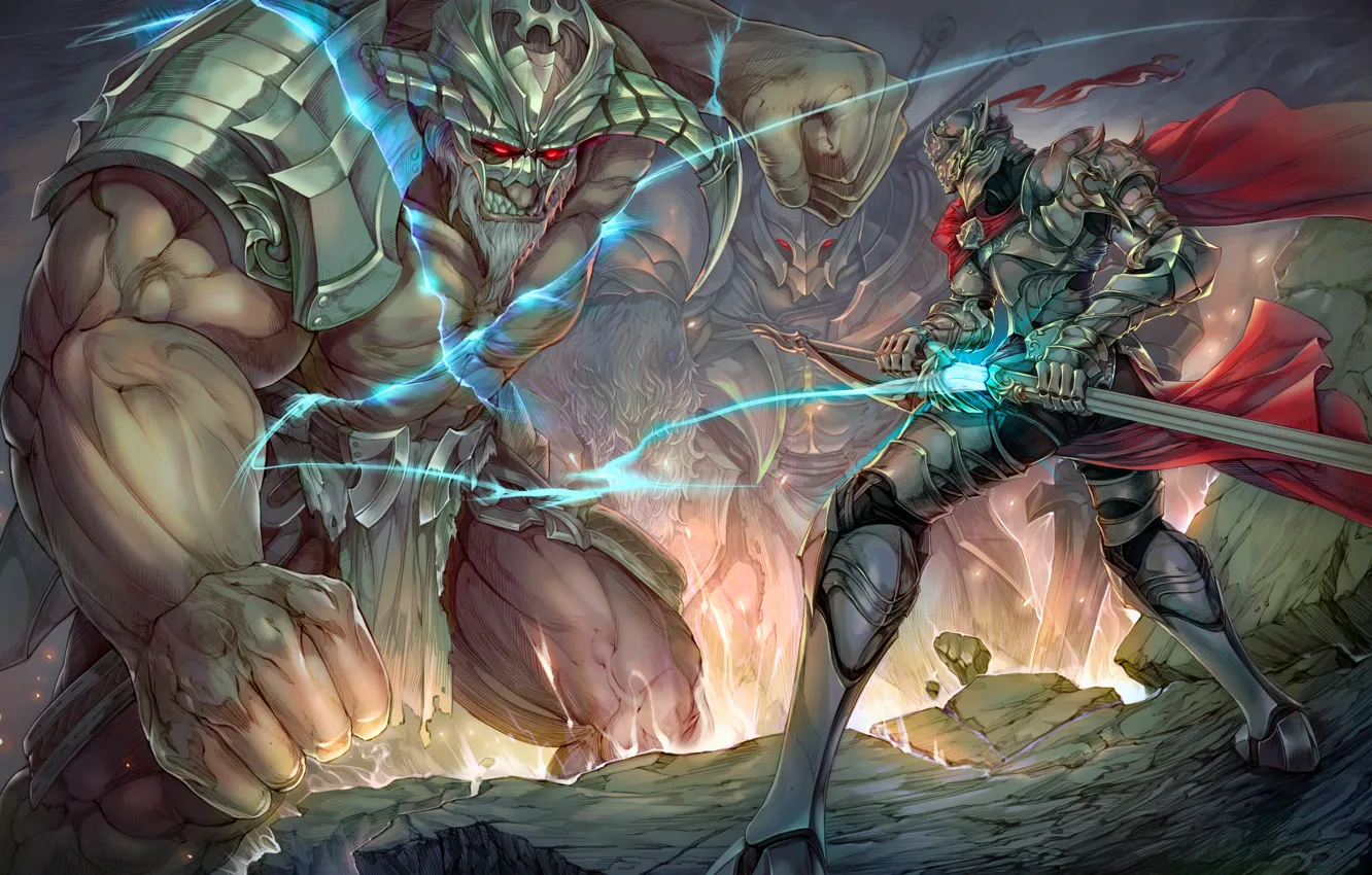 Photo wallpaper fantasy, monster, sword, armor, warrior, helmet, battle, monster