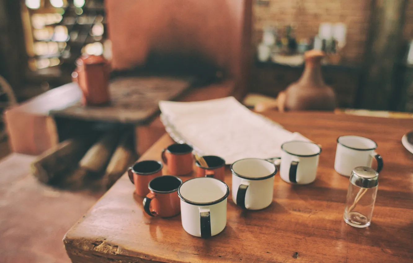 Photo wallpaper wood, cup, bokeh, room, table, environment, cups, mug