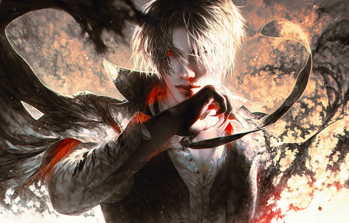 Photo wallpaper blood, hand, demon, male, guy, anime, art