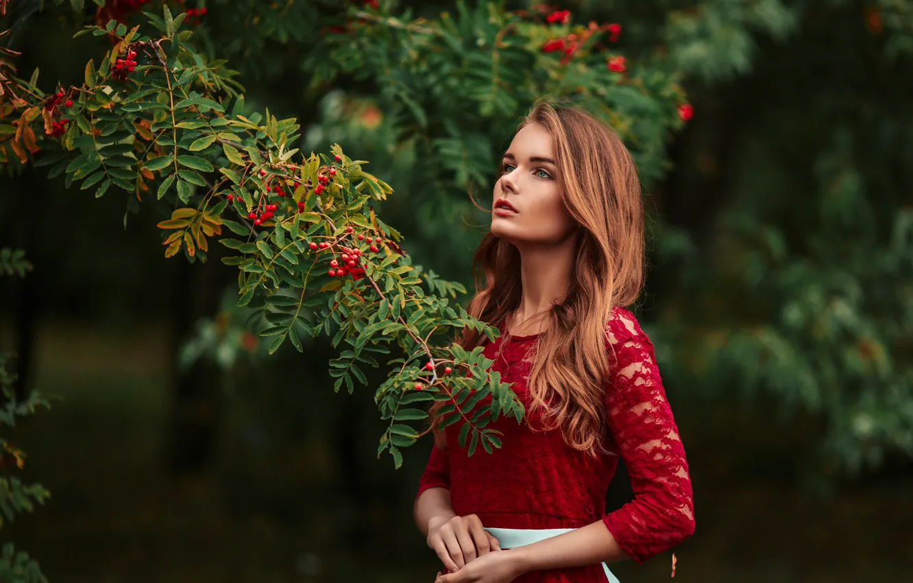 Photo wallpaper look, girl, branches, face, Park, green, sweetheart, model