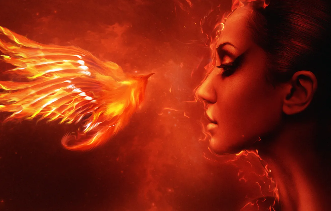 Photo wallpaper girl, flame, bird, Phoenix