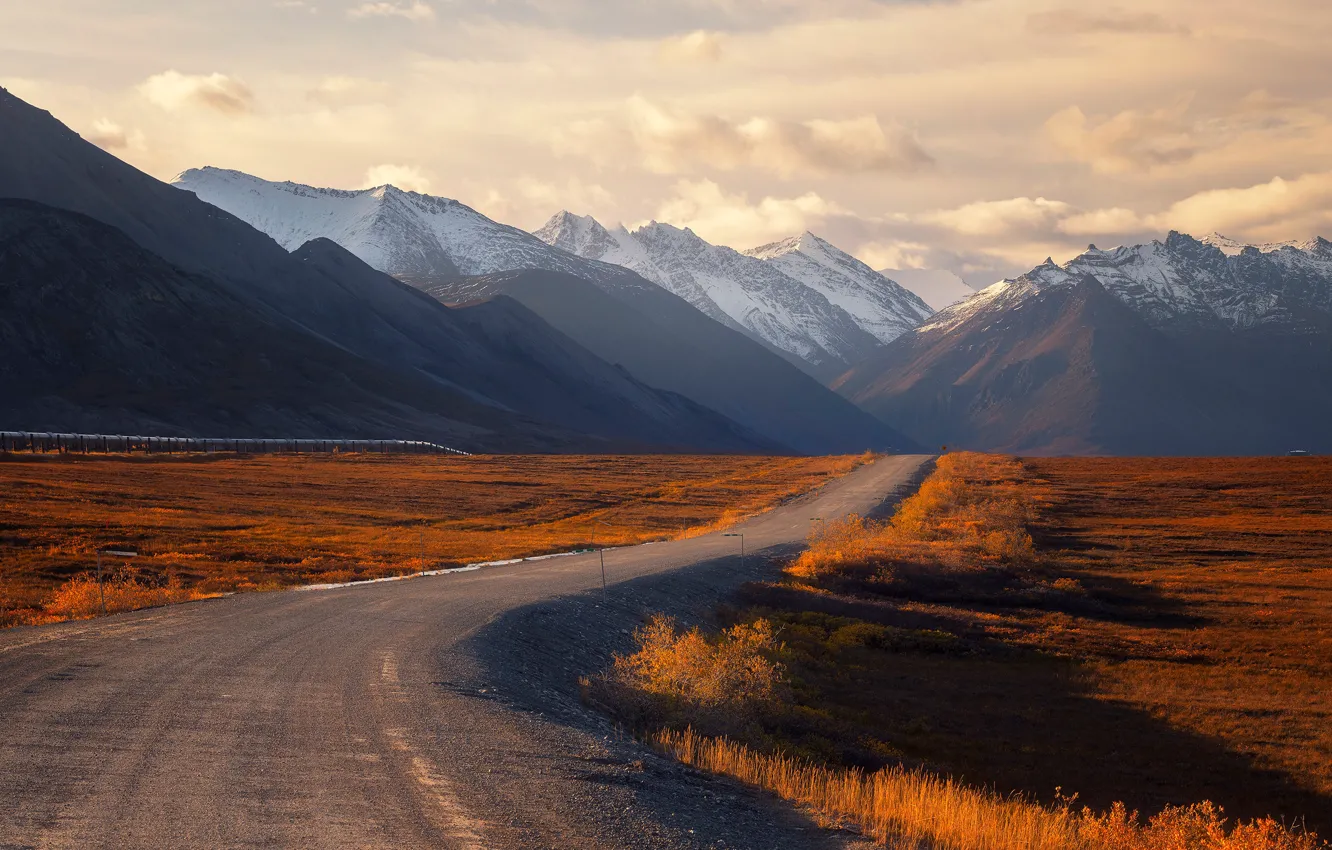 Photo wallpaper road, field, autumn, the sky, grass, clouds, light, snow