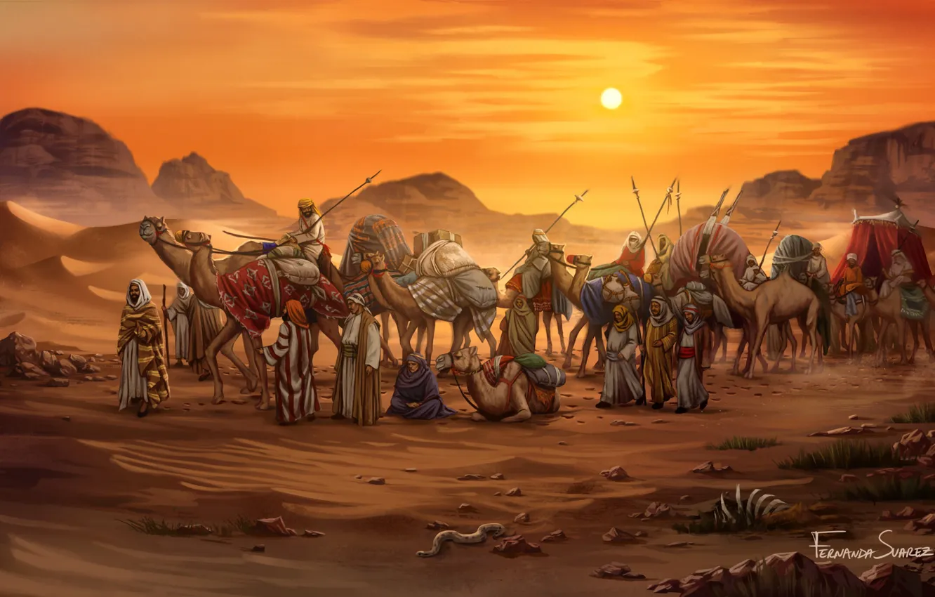 Photo wallpaper Sunset, Figure, The game, Caravan, Egypt, Art, Game, Illustration