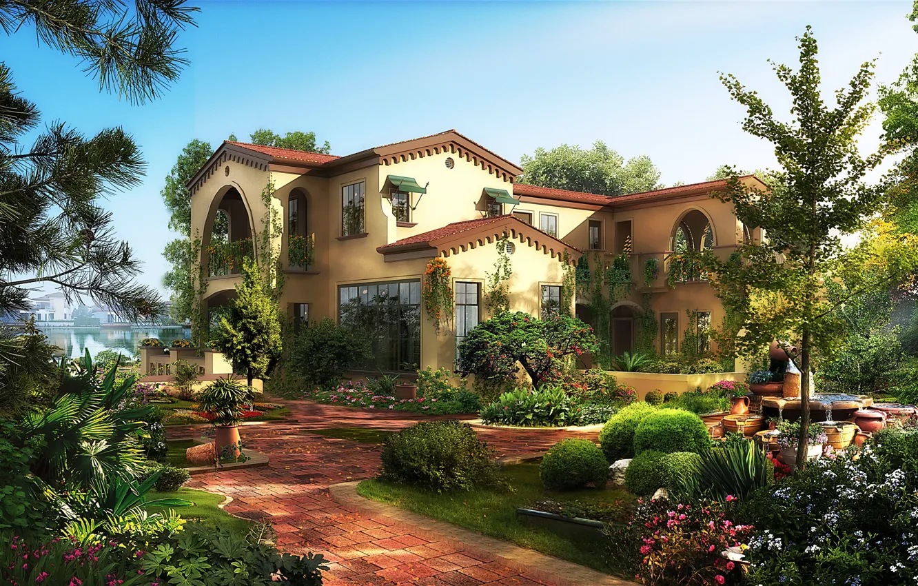 Photo wallpaper the city, Villa, garden, mansion