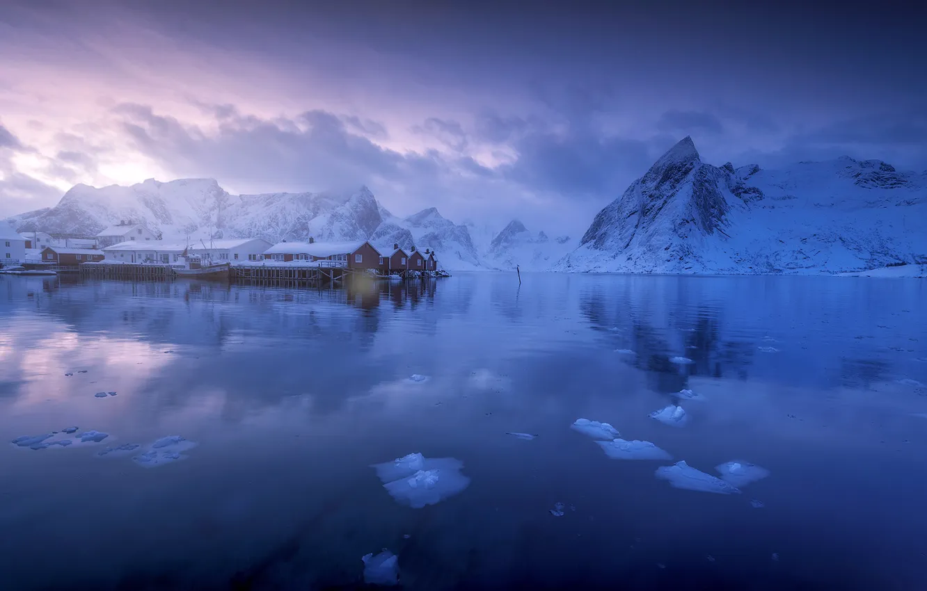 Photo wallpaper winter, mountains, Norway, houses, Norway, the fjord, Lofoten, The Lofoten Islands