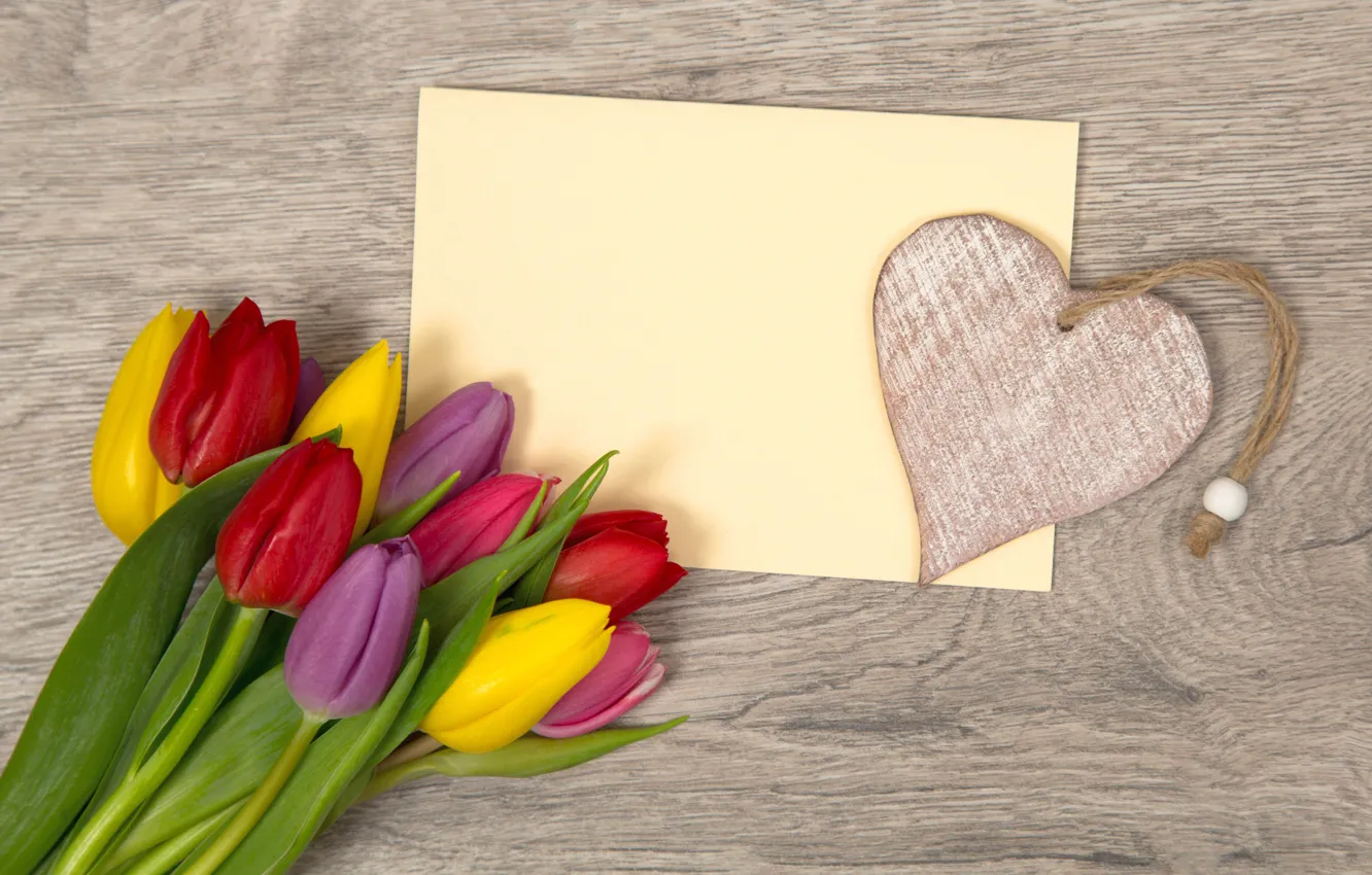 Photo wallpaper flowers, heart, bouquet, colorful, tulips, love, heart, flowers