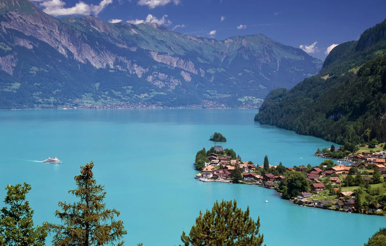 Photo wallpaper Switzerland, Lake Brienz, Iseltwald, еhe bird's eye view