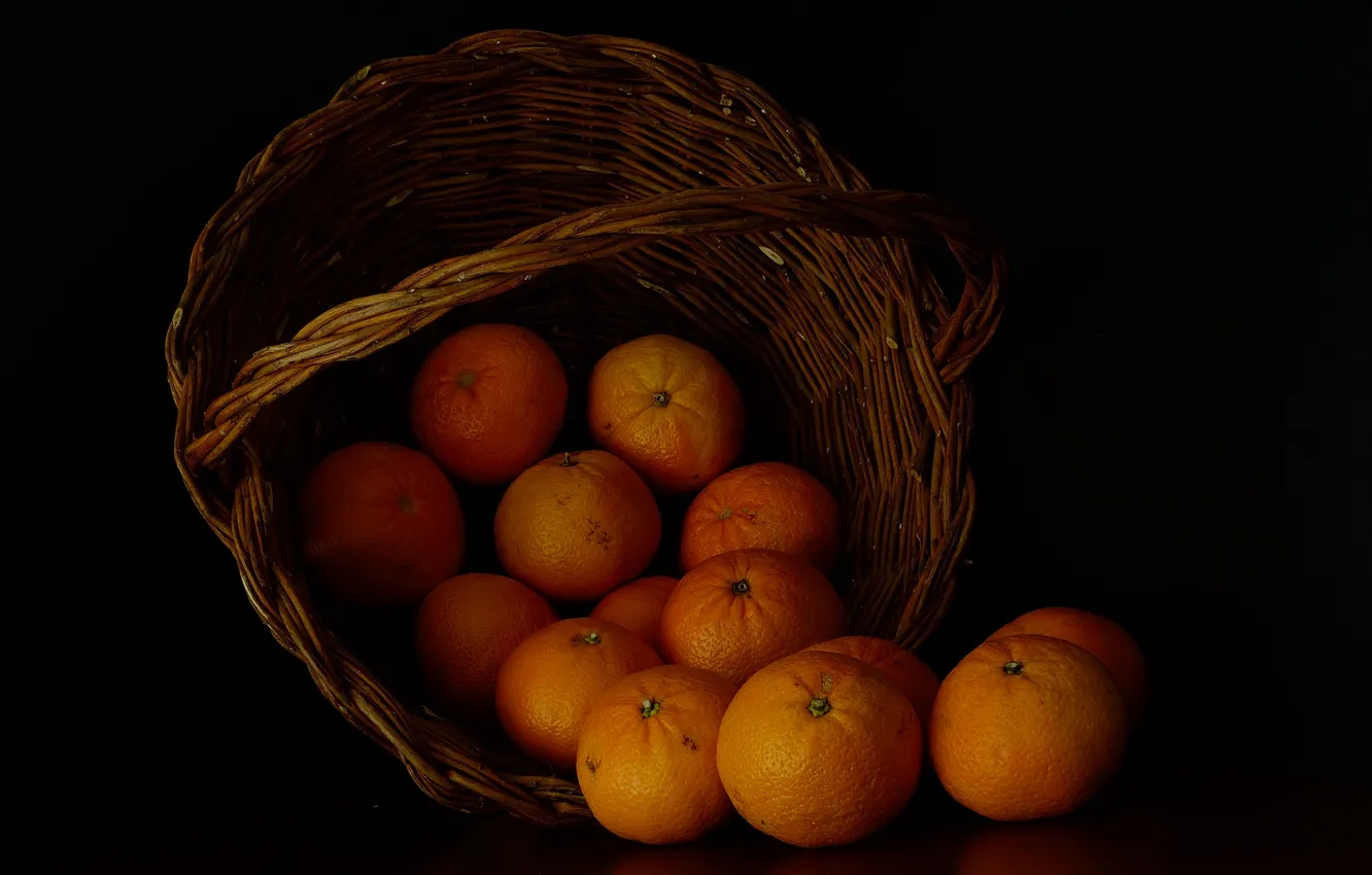 Photo wallpaper table, fruit, black background, still life, tangerines