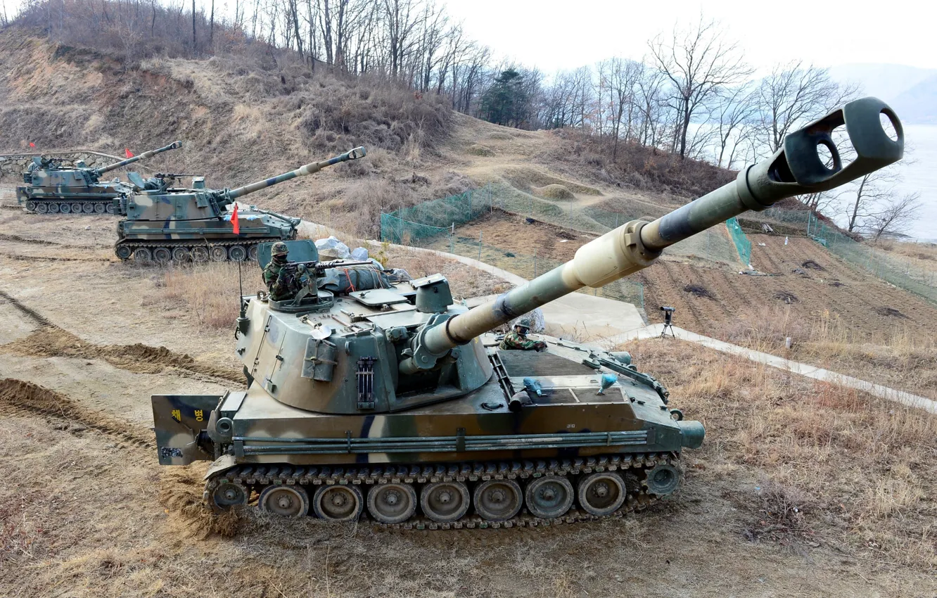 Photo wallpaper three, m109a2, SAU, self-propelled howitzer, preparation for firing, Self-Propelled Howitzer, ROKMC K-55, Republic of Korea …