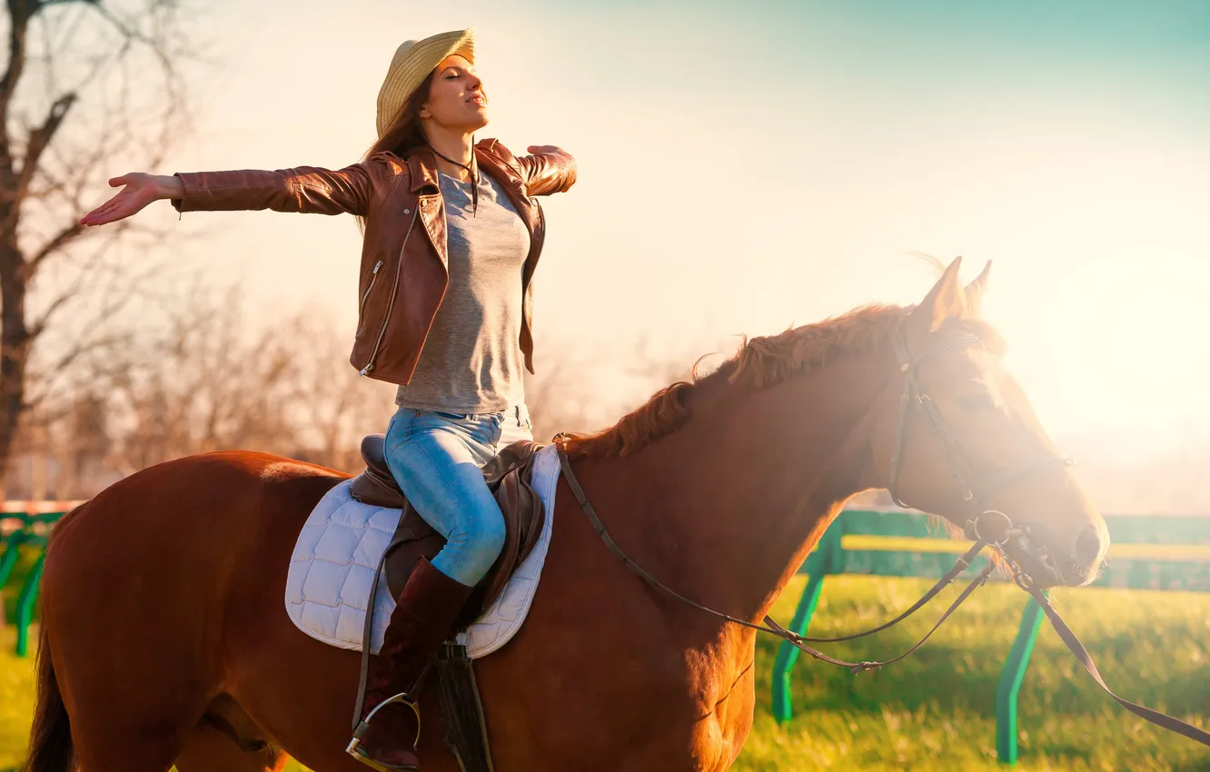 Photo wallpaper relax, girl, happy, landscape, western, model, spring, farm