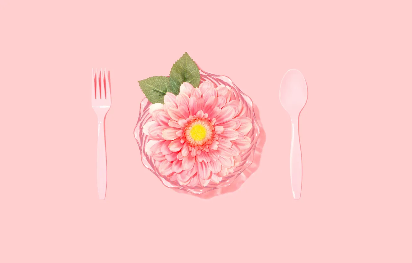Photo wallpaper flowers, plate, spoon, plug, Cutlery