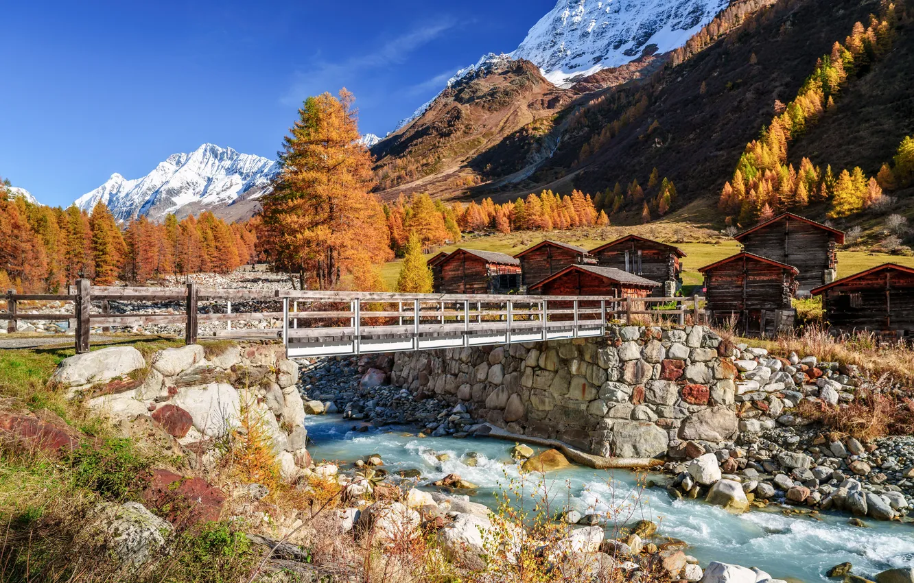 Photo wallpaper autumn, mountains, bridge, river, Switzerland, Alps, house, hut