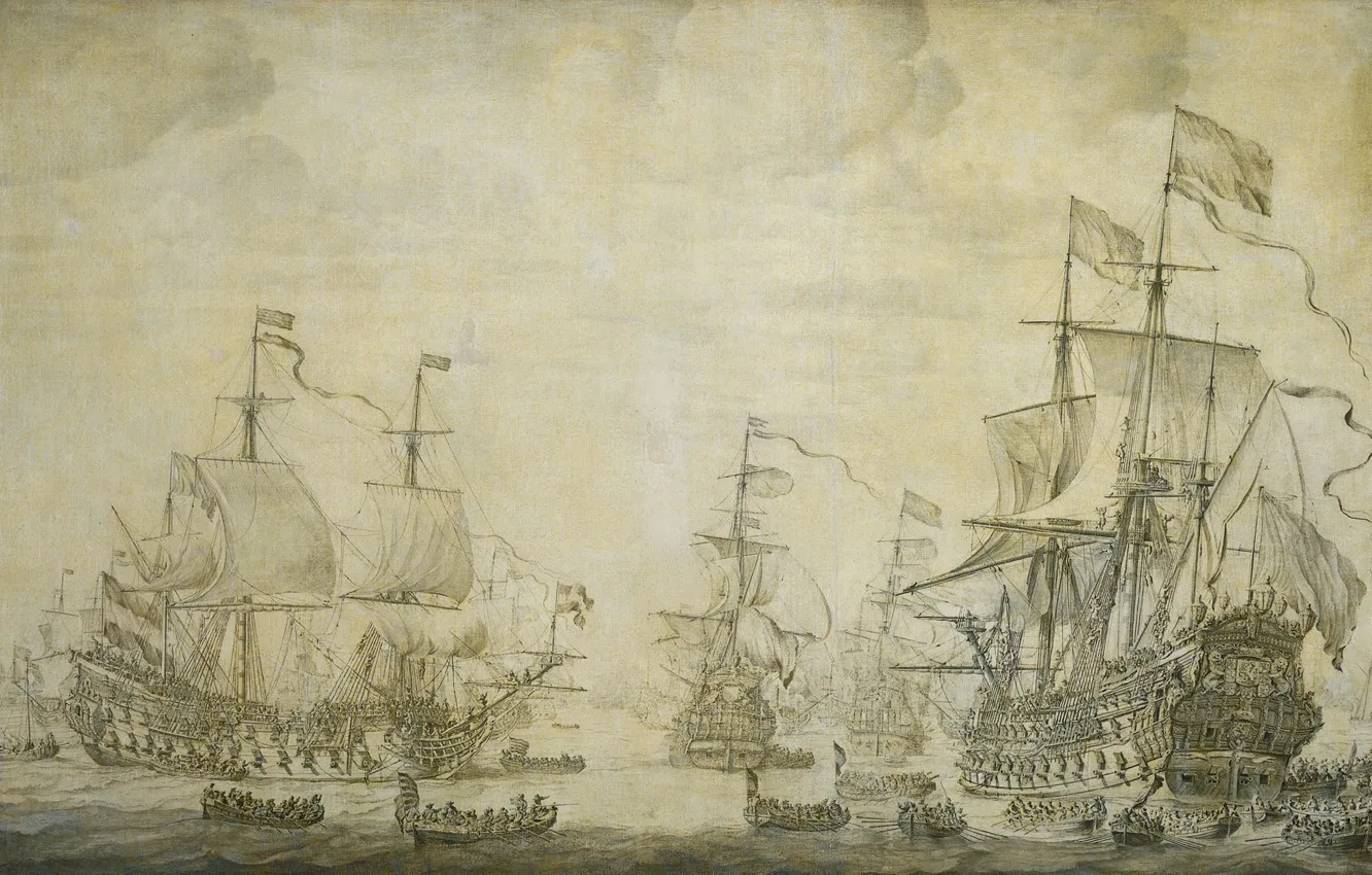Photo wallpaper ink, canvas, 1693, Court-martial aboard 'De Zeven Provincien', Willem van de Velde I, Willem van …