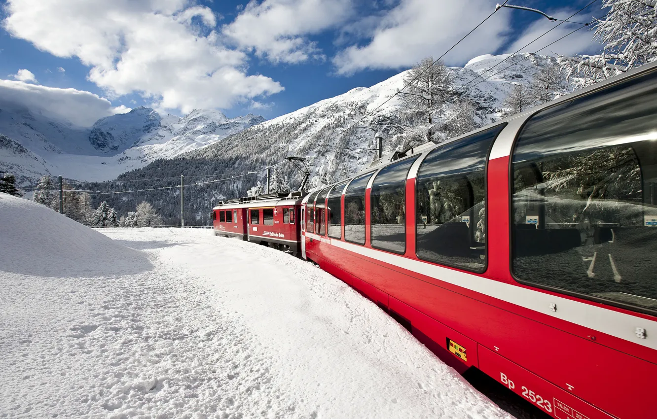 Photo wallpaper winter, mountains, train, Switzerland, Alps, Beauty., Electric