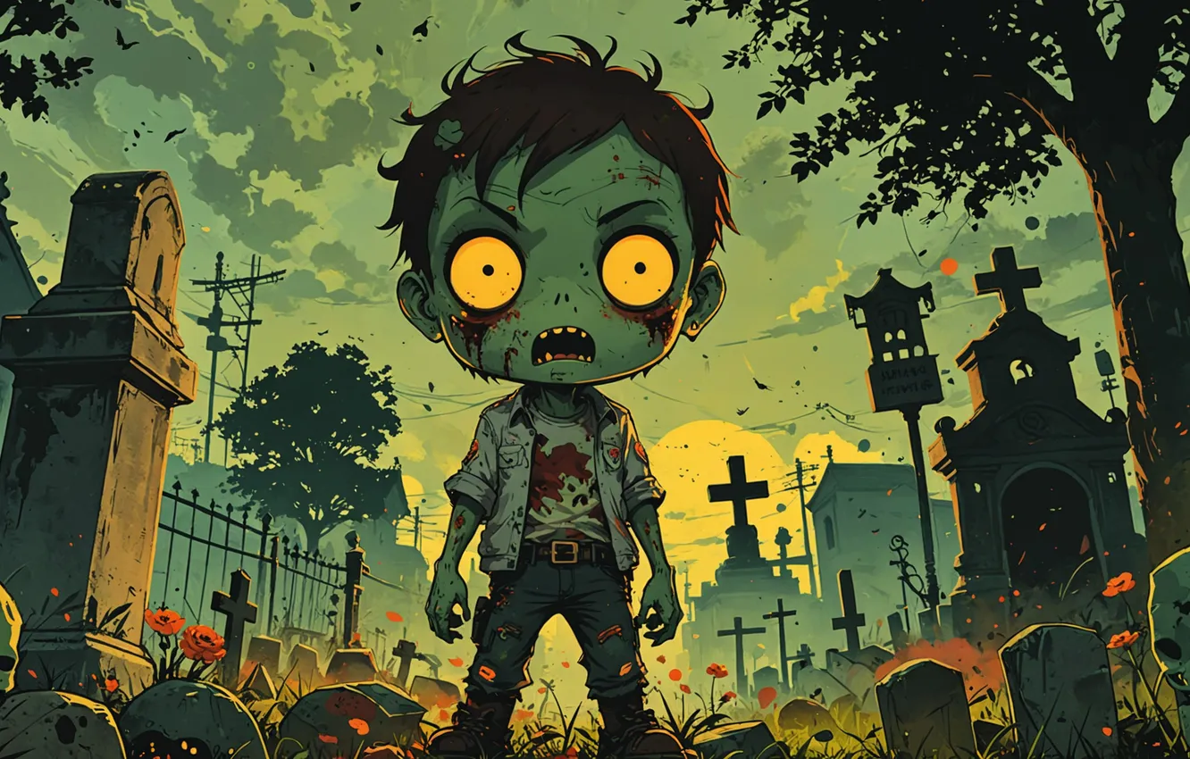 Photo wallpaper boy, zombies, cemetery