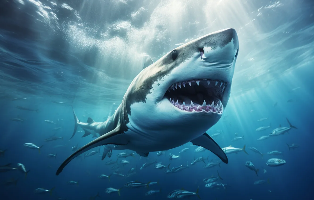 Photo wallpaper fish, shark, teeth, mouth, underwater world, digital art, AI art, The Art of Artificial Intelligence