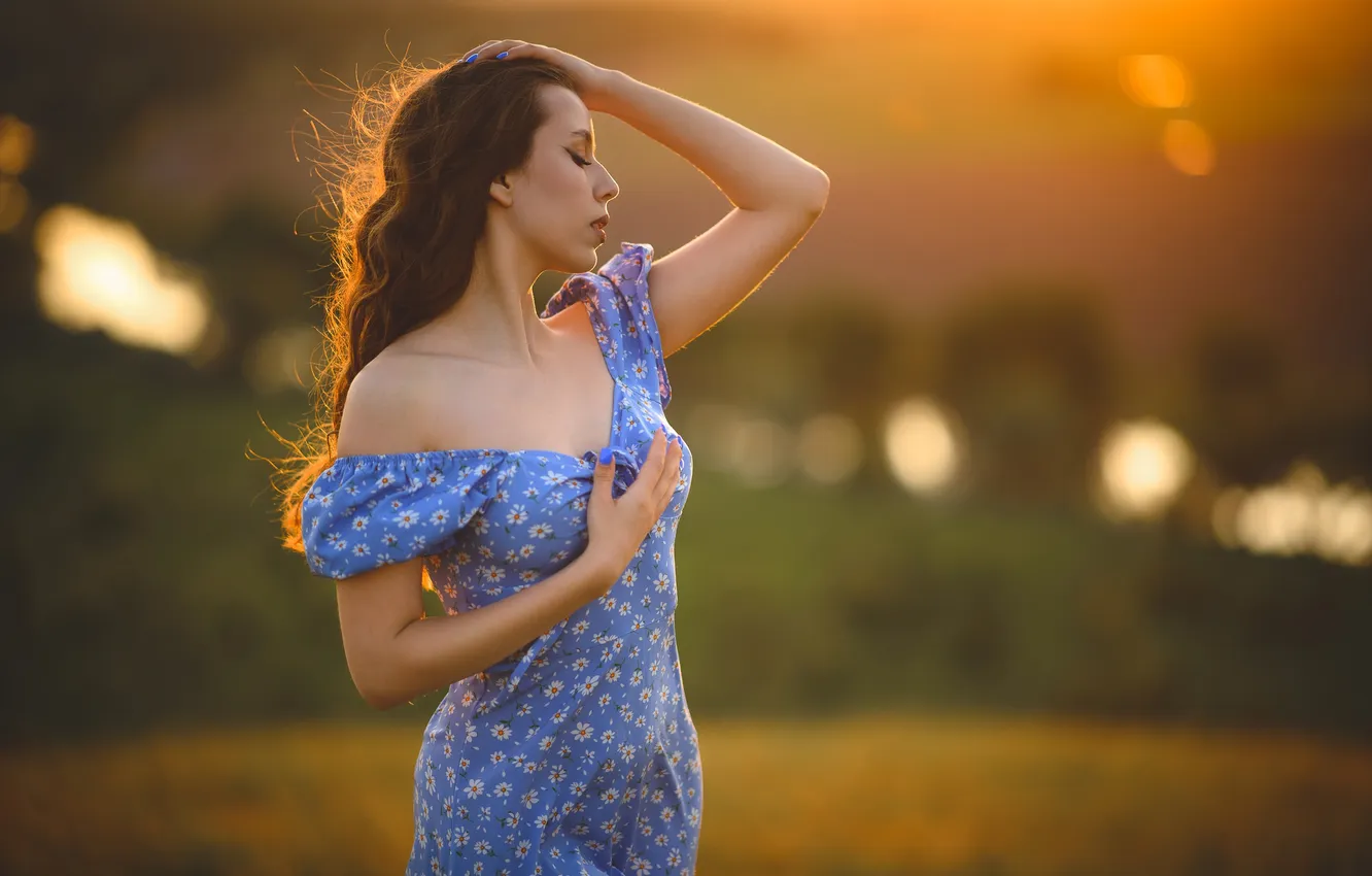Photo wallpaper girl, pose, hands, dress, shoulders, long hair, closed eyes, Alexander Parkhomenko
