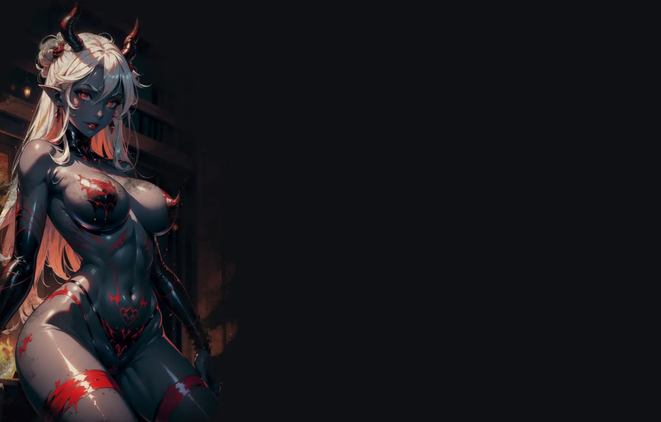 Photo wallpaper dark, demon, red, girl, hot, sexy, boobs, grey