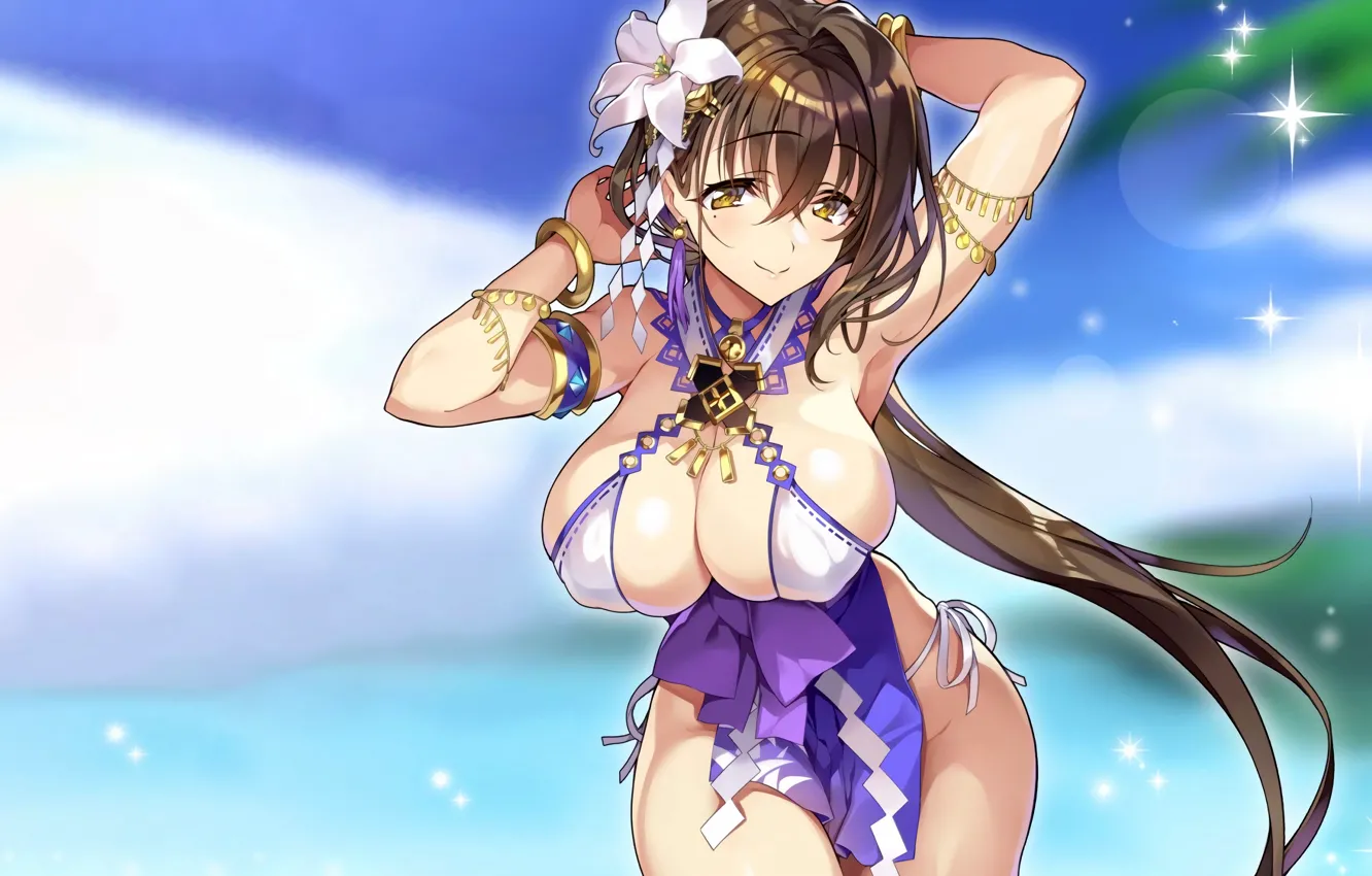Photo wallpaper girl, sexy, cleavage, long hair, dress, brown hair, boobs, anime