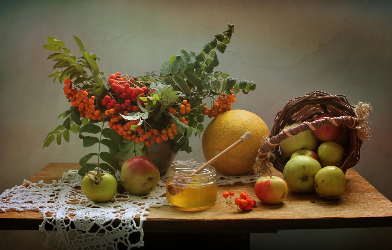 Photo wallpaper summer, apples, honey, August, still life, Rowan, melon, Apple spas