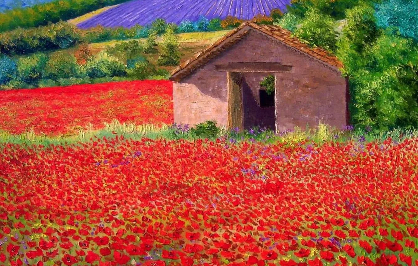 Photo wallpaper field, summer, oil, Maki, picture, house, Jean-Marc Janiaczyk