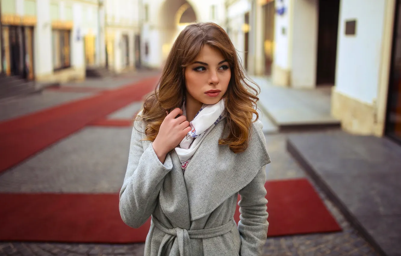 Photo wallpaper look, girl, street, beautiful, coat, Roman Rykunov, Masha Ivanova
