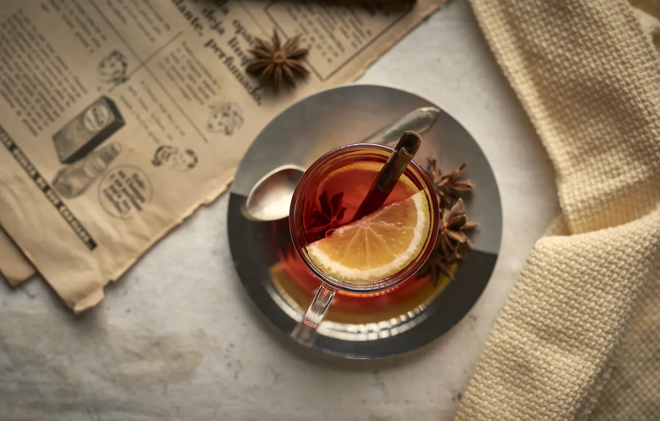 Photo wallpaper lemon, tea, Cup, newspaper, cinnamon