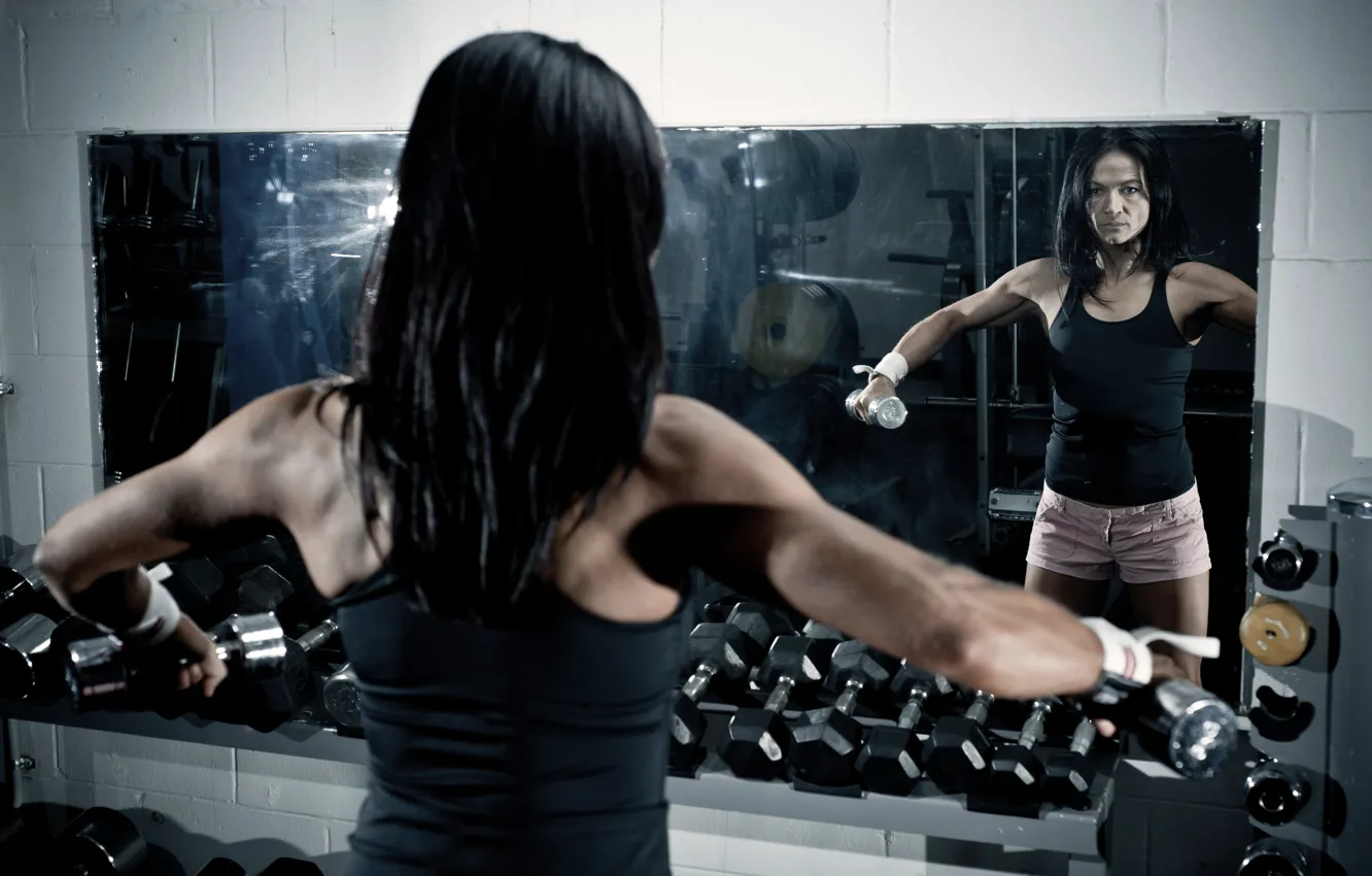 Photo wallpaper mirror, workout, fitness, dumbbells