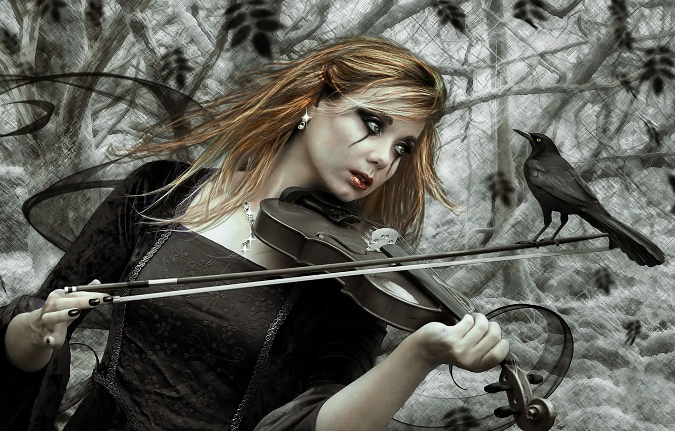 Photo wallpaper girl, bird, bow, photoart