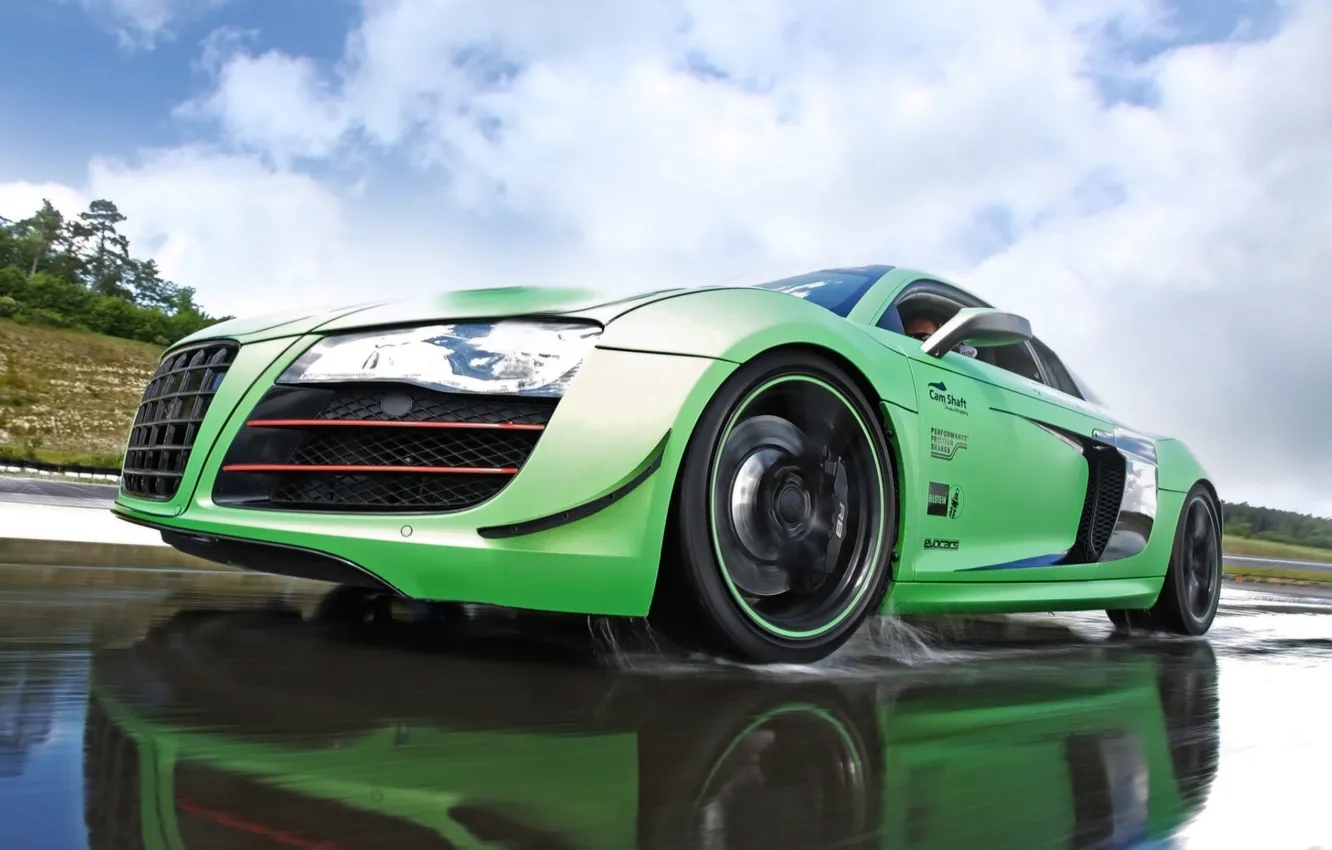 Photo wallpaper the sky, clouds, reflection, Audi, Audi, green, supercar, tuning