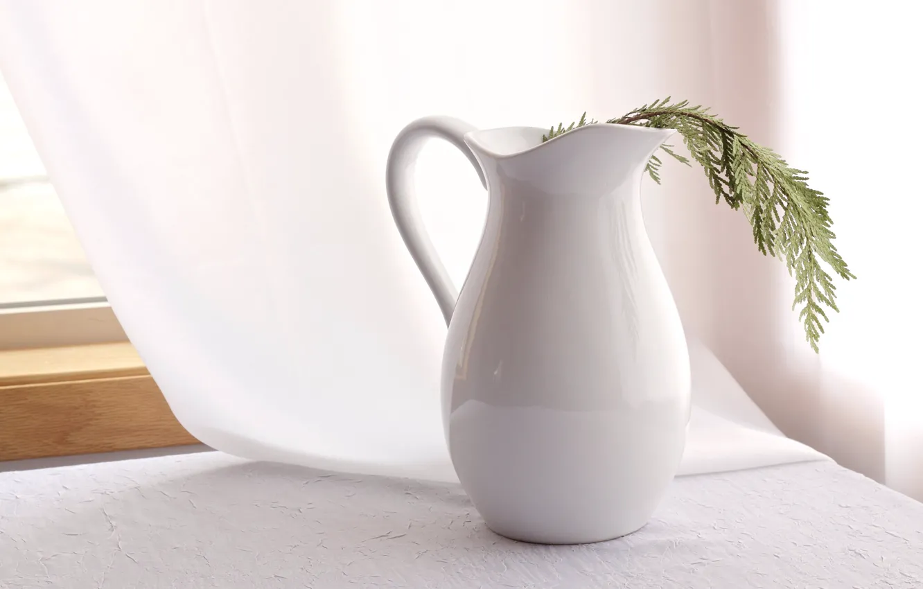 Photo wallpaper table, branch, window, curtain, the white pitcher