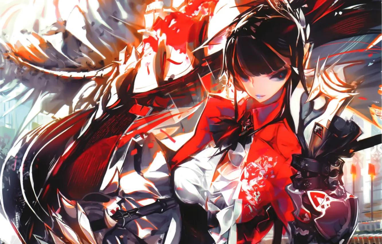 Photo wallpaper girl, red, cloak, art, super-weapons, Panorama, Kaku-San-Sei Million