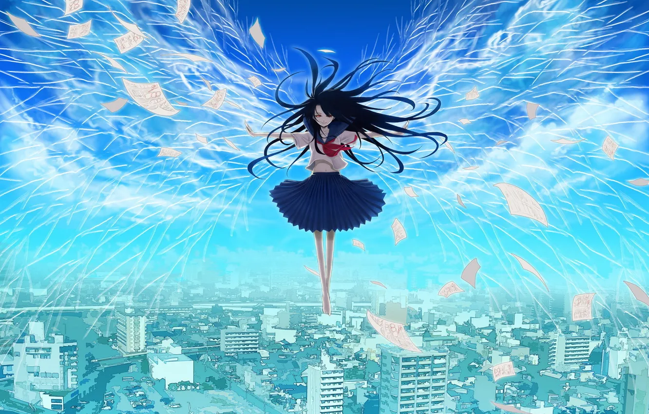 Photo wallpaper the sky, leaves, girl, home, wings, anime, form