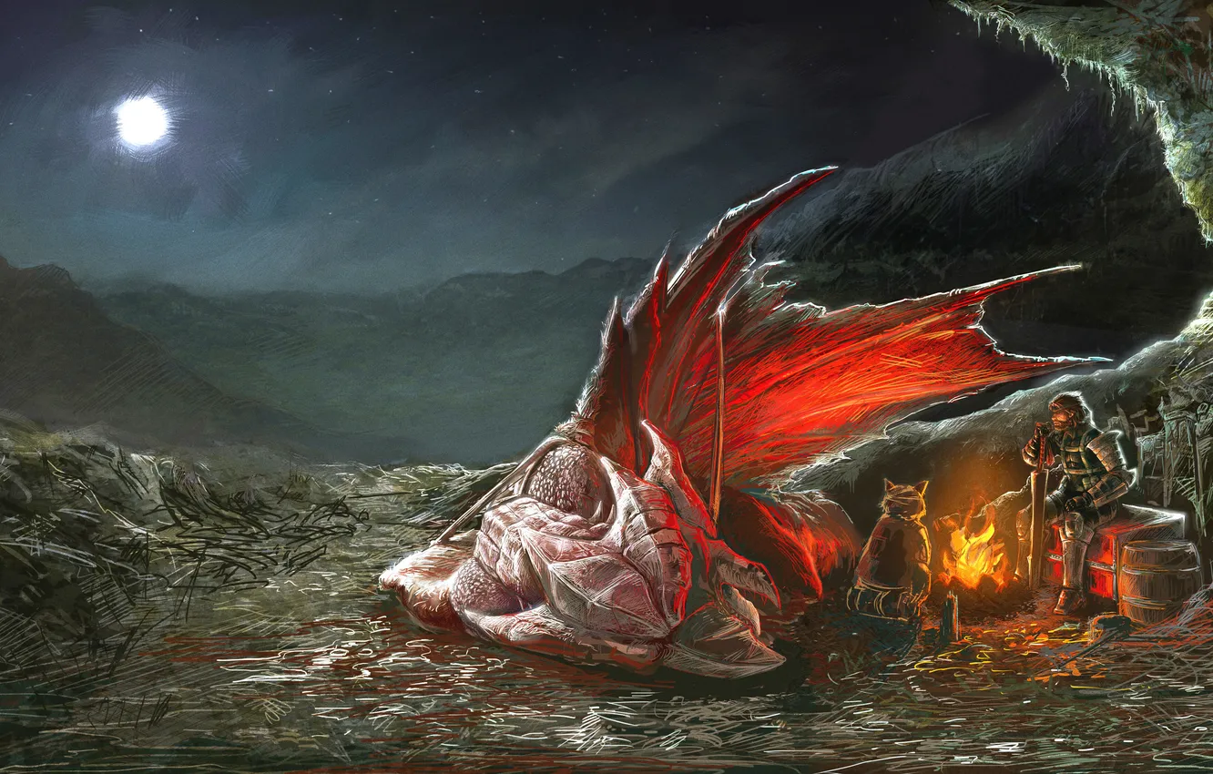 Photo wallpaper night, the moon, dragon, sword, armor, art, hunter, Metal Gear