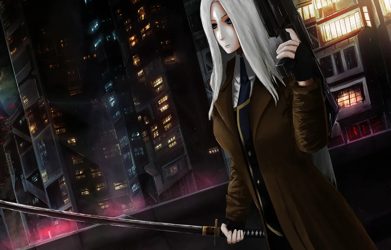 Photo wallpaper girl, night, the city, weapons, sword, katana