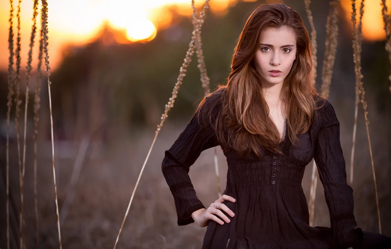Photo wallpaper girl, sunset, background, brown-eyed